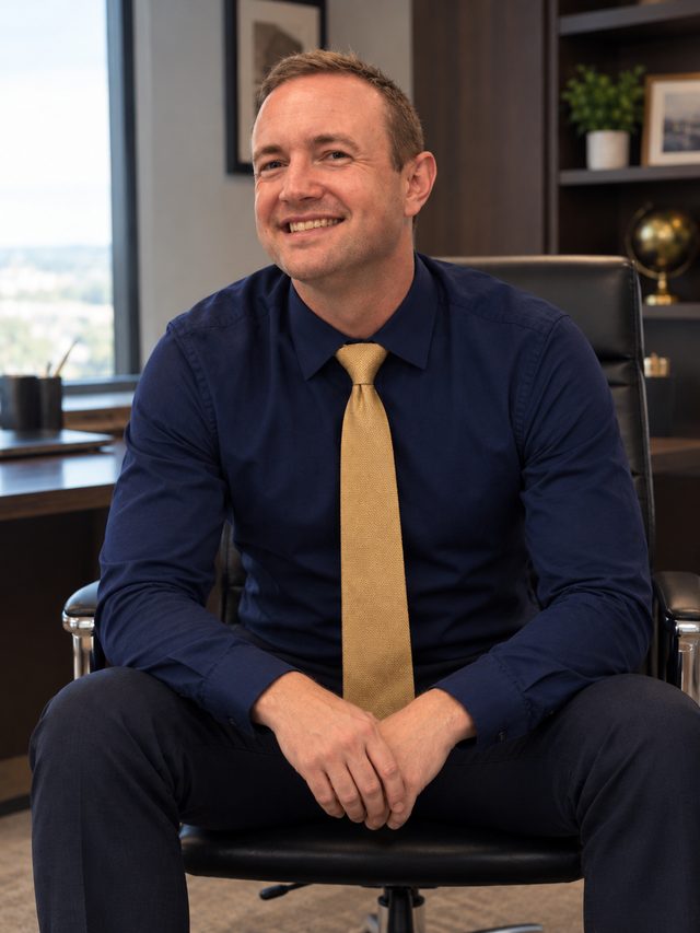 Pete Neville-Vogt, owner of PNV Management, smiling in a navy shirt and gold tie, seated in an office